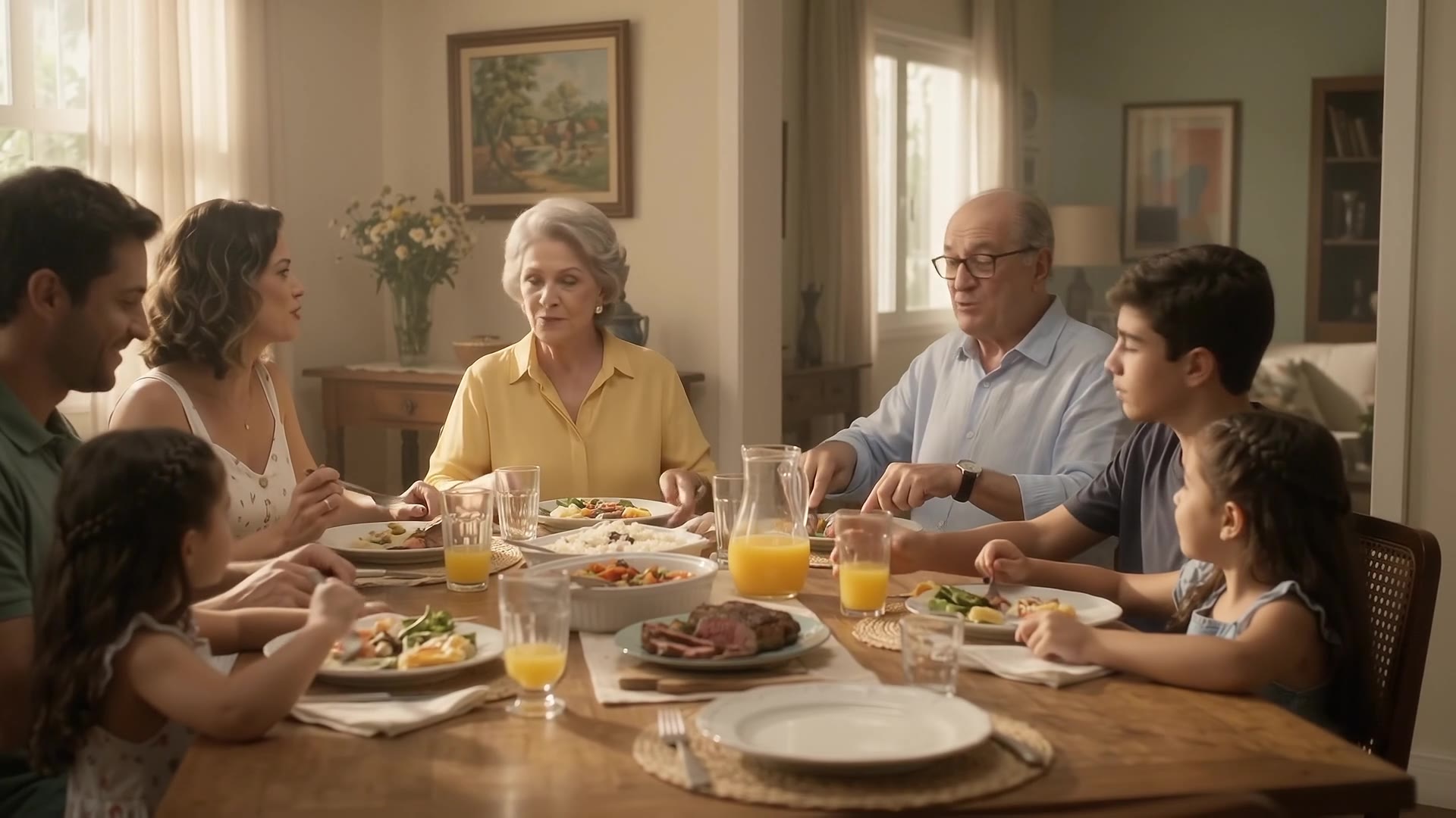 Família de três gerações à mesa